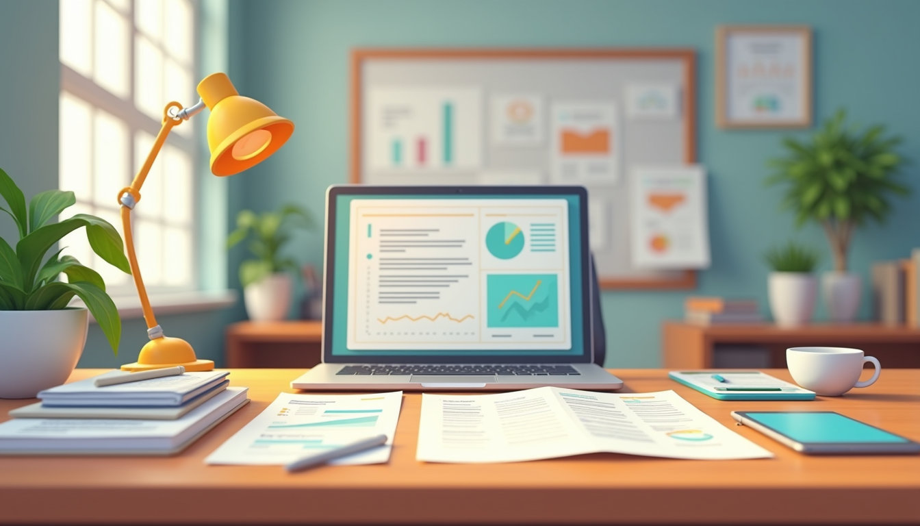 Eye-level view of a tidy office desk with a laptop and financial documents