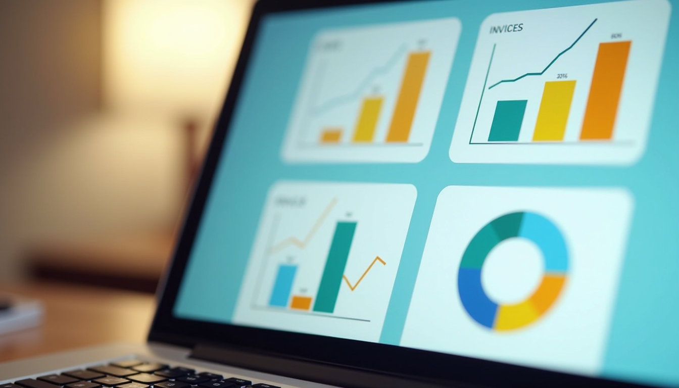 Close-up view of a laptop screen showing financial graphs and charts