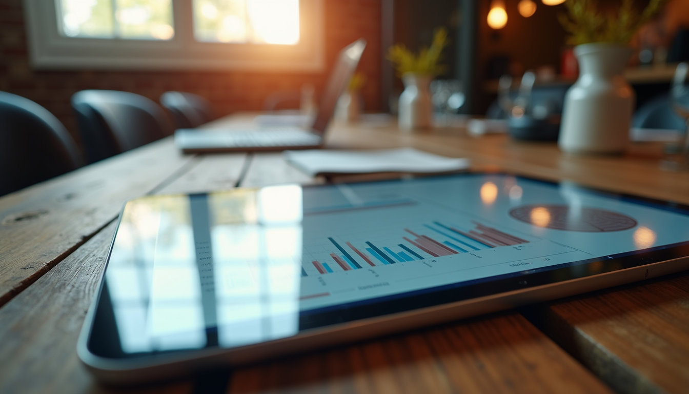 Eye-level view of a tablet on a rustic wooden table displaying financial graphs and reports