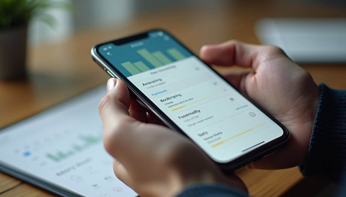 High angle view of a mobile device displaying bookkeeping app features