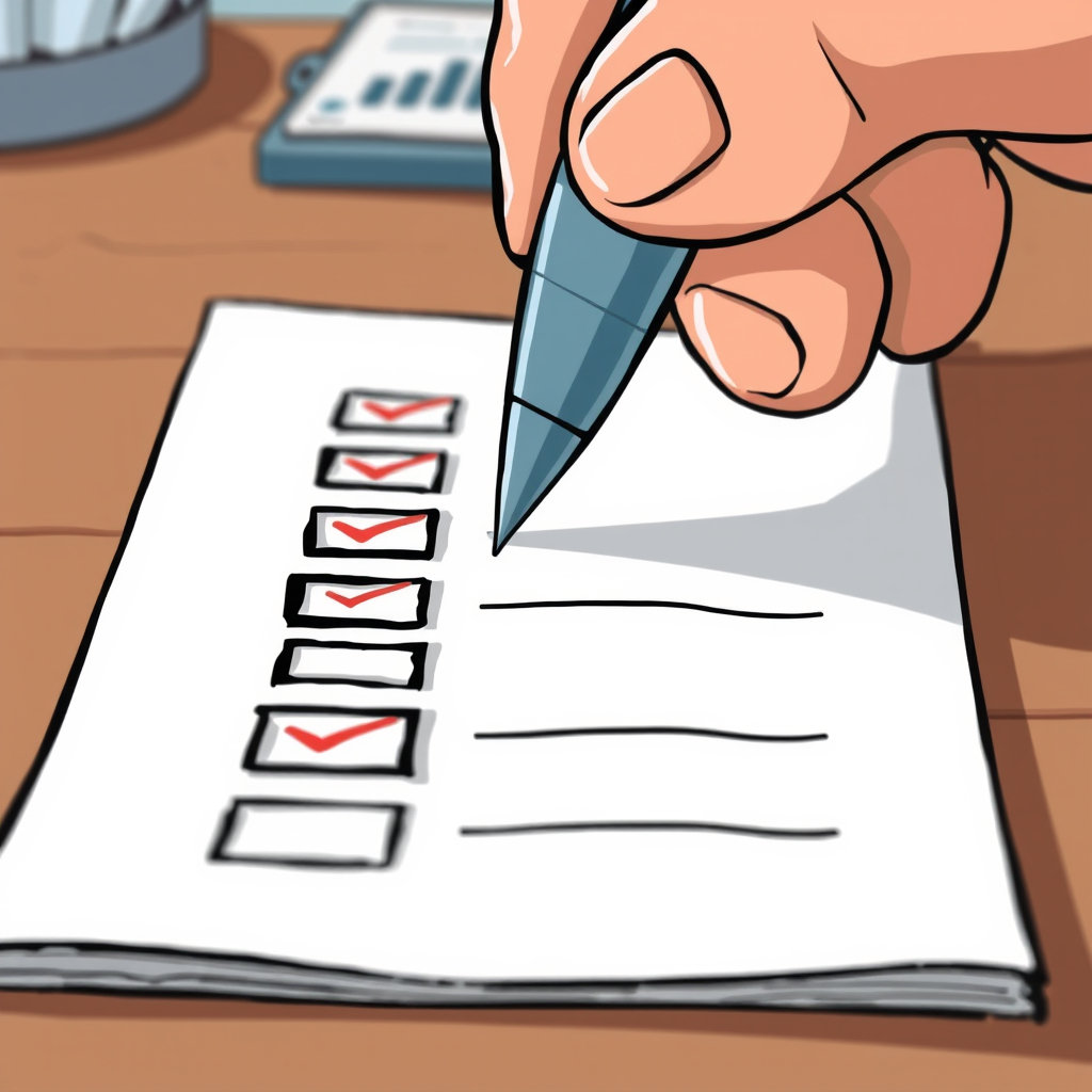 Close-up photo of a hand holding a pen and ticking off items on a paper checklist, symbolizing compliance and task completion.