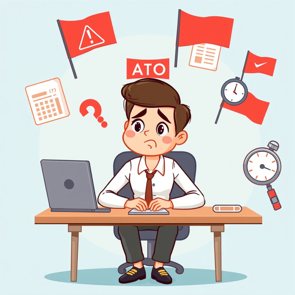 Cartoon illustration of a worried small business owner sitting at a desk surrounded by ATO red flag icons, including warning signs, calculator, checklist, tax documents, and audit symbols.