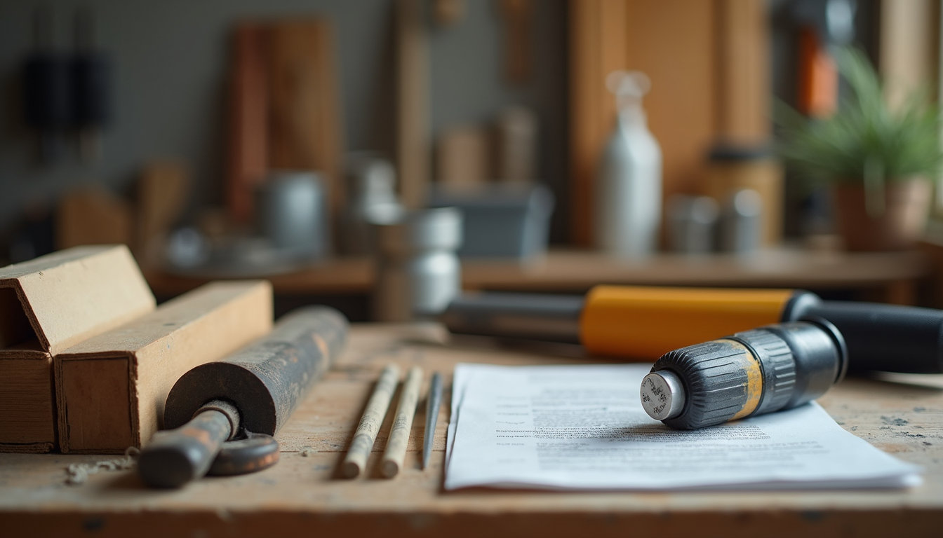 Eye-level view of construction materials and tools set neatly on a workbench